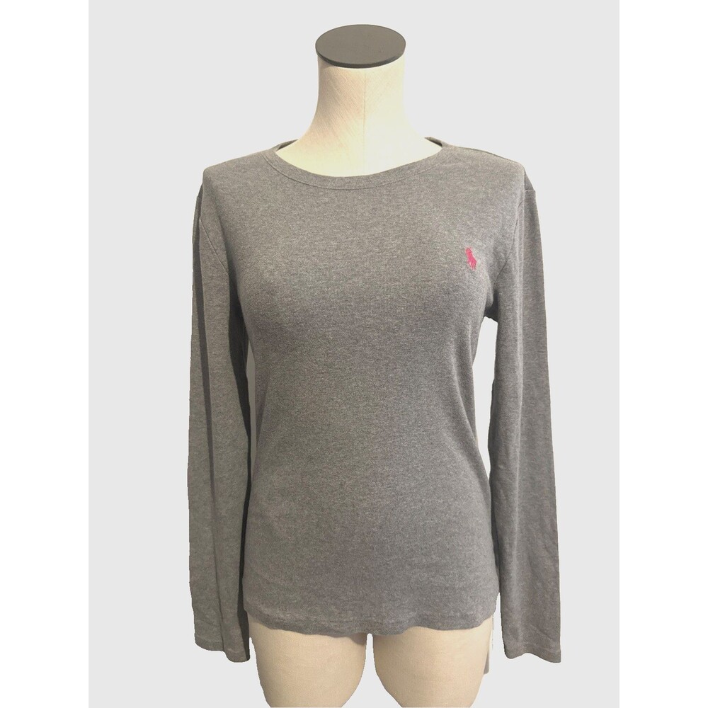 Ralph Lauren Sport Womens Large Long Sleeve Tee Gray Pink Pony Logo Cotton Shirt